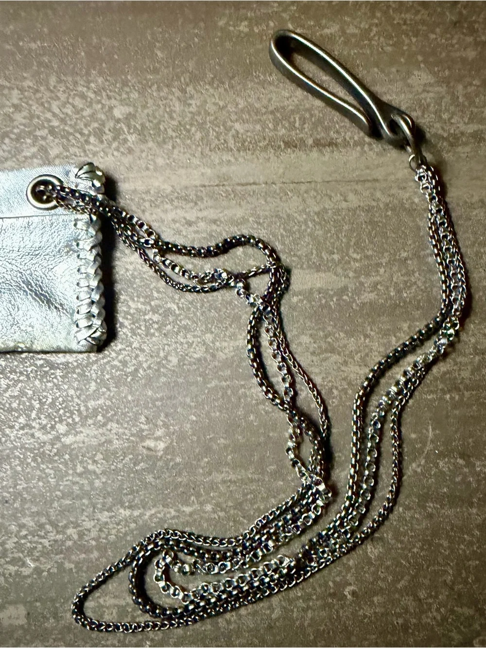 Elliott James Silver Metallic Leather Triple Chain Biker Card Case Wallet